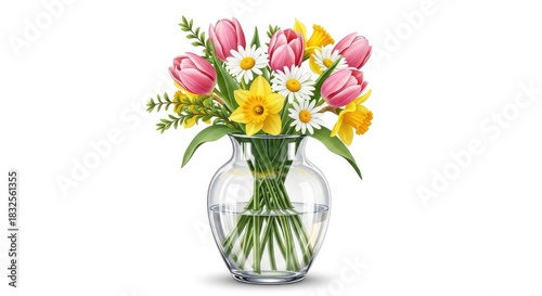 Wallpaper Mural Elegant spring bouquet of tulips and daffodils in clear vase brings fresh floral beauty for Easter celebrations and springtime designs, radiating joy and warmth Torontodigital.ca