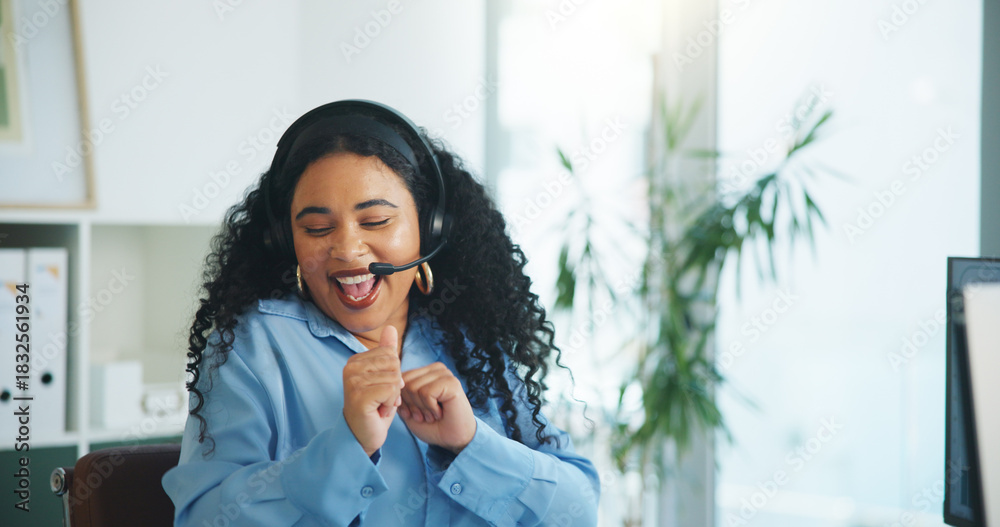 Fototapeta premium Dancing, agent and woman with headset, call center and excited for complete target, win and success. Sales, consultant and person with mic for communication, happy and celebration for bonus in office