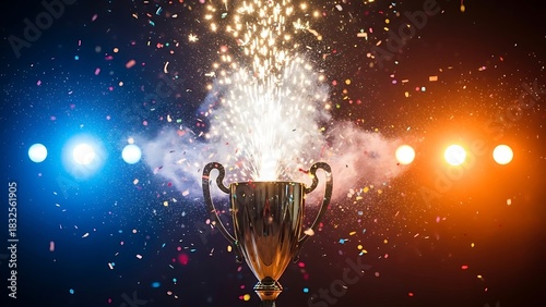 Golden trophy with celebratory fireworks and bright spotlights, symbolizing victory and achievement in a sports competition or award ceremony