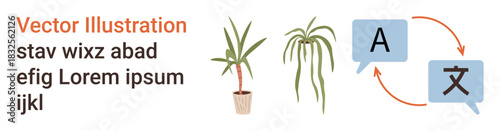 Communication, translation services, multilingual content, international business, idea exchange, globalization. Speech bubbles with letters and arrows language translation. Communication