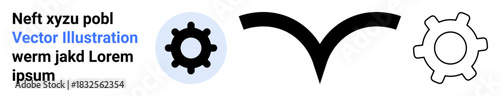 Technology, mechanical systems, automation, navigation, industrial processes, design resources. Two gear icons and a curved arrow. Technology and mechanical systems for versatile use