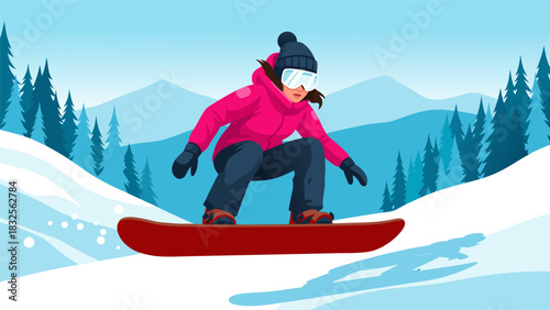 Active girl on a snowboard descending a snowy mountain landscape with pine trees. Winter extreme sport vector graphic illustration
