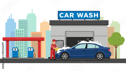 Professional worker providing automotive cleaning service at a city car wash station with gas pumps and a modern skyline in the background vector illustration