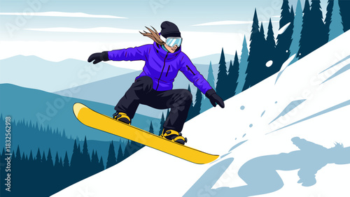 Snowboarder carving down a snowy mountain slope with pine trees