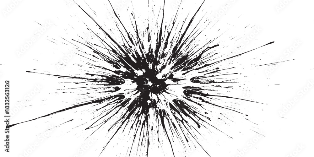 Fototapeta premium Abstract black ink splatter exploding outwards on a white background.