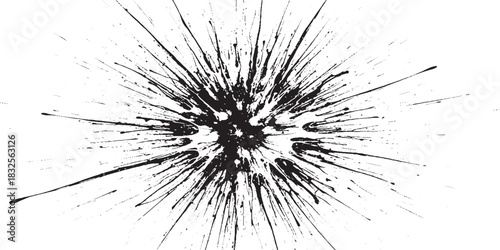 Abstract black ink splatter exploding outwards on a white background.