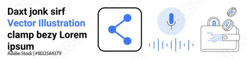 Digital communication, technology integration, cryptocurrency, financial security, audio recording, data sharing. Visual icons sharing, microphone and wallet with digital coins. Technology