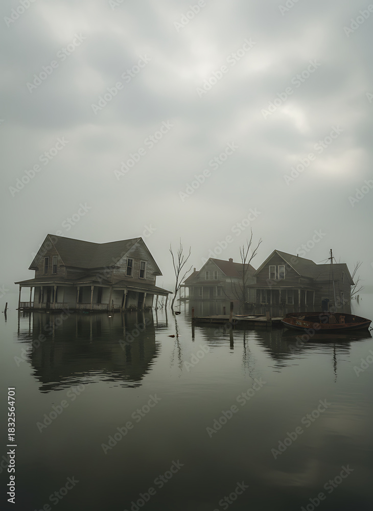Fototapeta premium Flooded vintage homes create a hauntingly beautiful and eerie waterscape scene