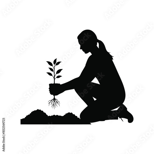 Woman planting sapling silhouette