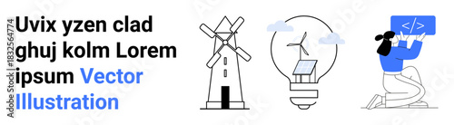 Renewable energy, innovation, technology, coding, education, creativity. Features a windmill, solar panel in a lightbulb and a person coding. Renewable energy and innovation highlighted