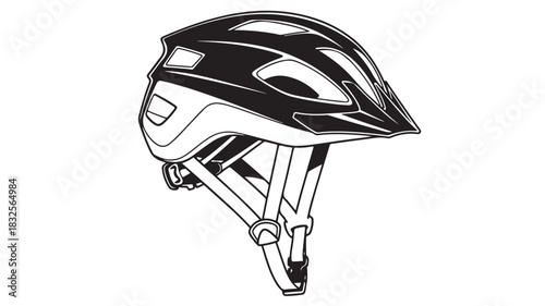 Black and white illustration of a bicycle helmet a safety accessory for cycling isolated on a white background