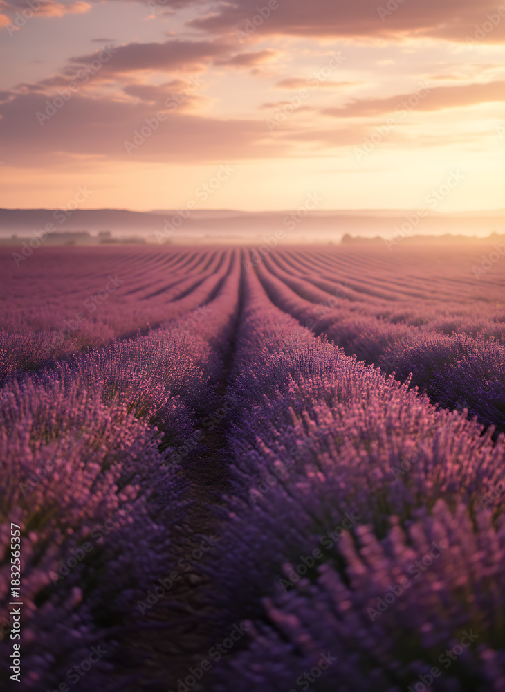 Fototapeta premium Rows of vibrant purple lavender flowers stretch towards a soft, glowing sunset.
