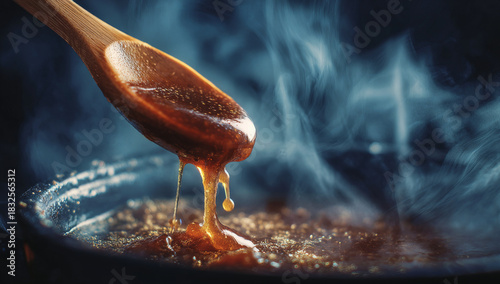 Caramel Sauce Dripping from a Wooden Spoon into a Pan.