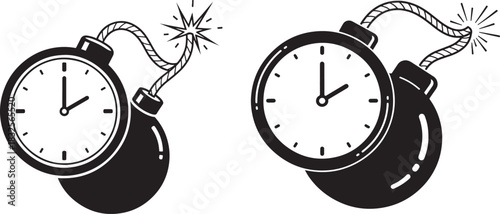 Two clock bombs with lit fuses silhouette