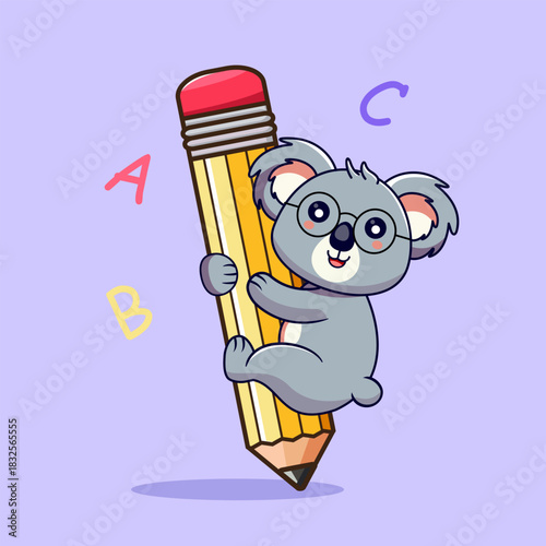 Cute Koala Hanging On Pencil Vector Illustration Cartoon Design Kawaii