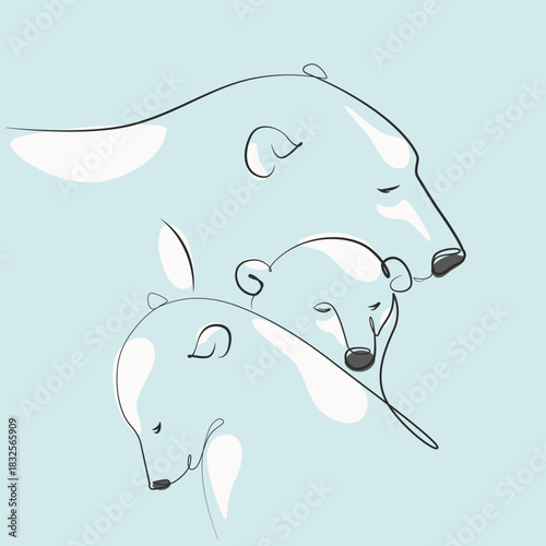 mother polar bear with two cubs one line drawing. mother polar bear with two cubs single line illustration. mother polar bear with two cubs minimalist line art