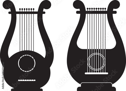 Two ancient lyre musical instruments silhouette