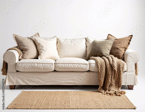 Comfortable brown leather sofa and pillows in a contemporary home interior design