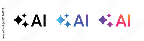 Gradient sparkle AI logo icon set with black blue purple orange styles on transparent background for artificial intelligence branding interface design digital assistant chatbot technology