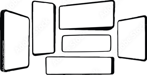 thick black, arranged in a seemingly random yet visually engaging manner. Among the rectangles, two are vertically oriented, resembling smartphones or tall containers,