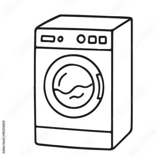 A simple vector graphic showing a washing machine rendered with minimal details, focusing on its essential shape and clear form to highlight practicality and modern home appliance design.
