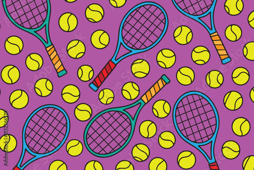 A vivid vector background displaying tennis rackets and spinning tennis balls in a repeating pattern, blending sporty energy with a colorful design perfect for active, fun, and modern visuals.