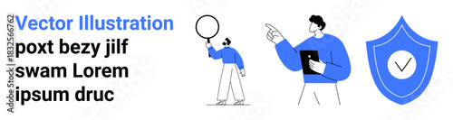 Two characters exchanging ideas while holding tablet and magnifying glass, accompanied by shield with checkmark. Ideal for teamwork, brainstorming, data security, analysis, problem-solving