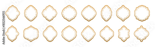 Islamic vintage frames outline with gold gradient isolated on transparent background. Lines shapes ornate, badges, labels set. Frames in Arabic Muslim design for Ramadan Kareem. Mosque gate shape