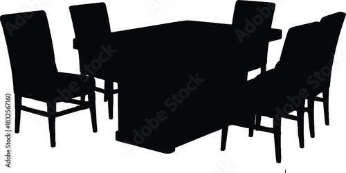 dining set consisting of a rectangular table and four chairs, all depicted in a black and white color scheme. This monochromatic palette emphasizes the shapes and lines of the furniture,
