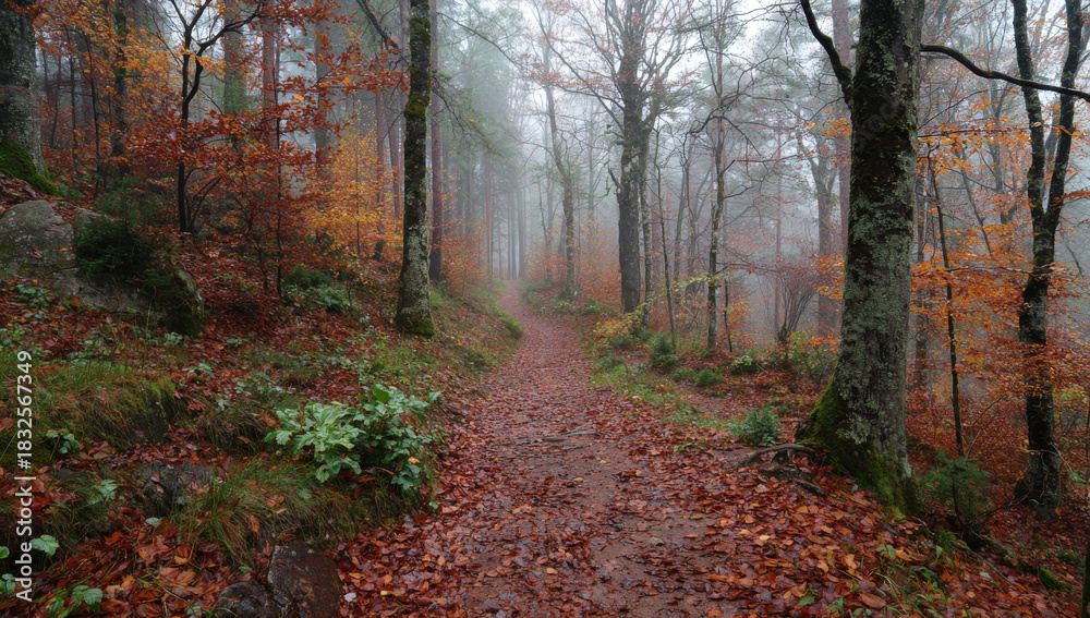 Obraz premium Autumnal Forest Path - A Serene Walk Through Natures Embrace.