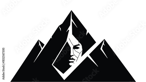 Mysterious face emerges from abstract mountain peaks, evoking adventure and discovery.