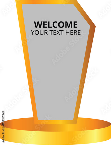 Golden trophy display stand with modern blank award plaque for customizable text, luxury presentation pedestal design