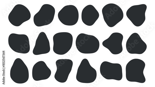 Organic abstract blob collection black irregular pebble shapes hand drawn silhouette minimal natural form primitive element modern design contemporary vector isolated objects random decorative set