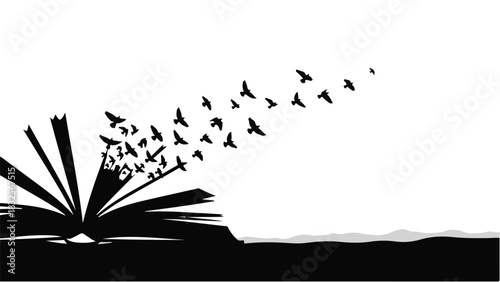 Birds flying out of an open book, symbolizing imagination and knowledge taking flight.