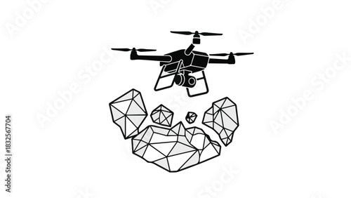 Modern drone hovering over geometric rocks, abstract technology concept.