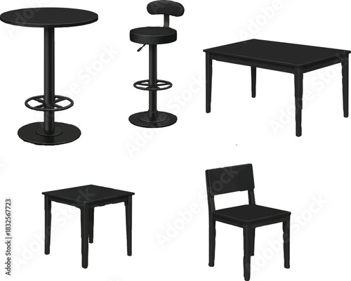  showcases a cohesive collection of five pieces of black furniture, all set against a stark white background, which enhances the visual contrast 