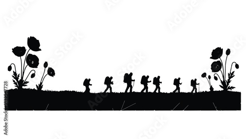 Silhouettes of hikers with backpacks walk along a path lined with poppies in a scenic outdoor landscape.