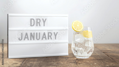 Dry January Mocktail Celebration Sleek Silver Lightbox with Sparkling Drink on Rustic Table for Modern Sobriety, Wellness, and Healthy Lifestyle