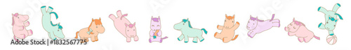 パステルカラーの馬キャラクター多ポーズセット