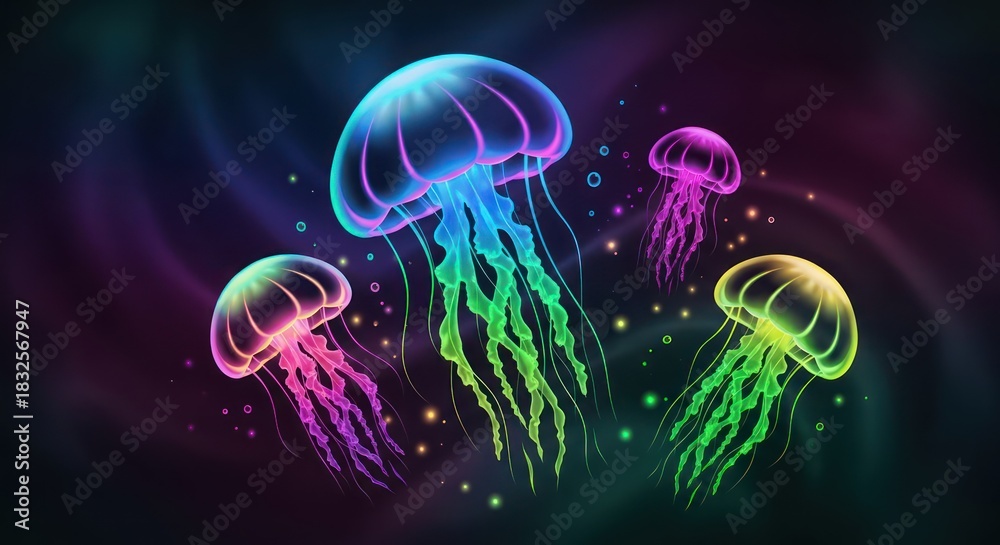 Naklejka premium Spectacular luminous jellyfish drifting gracefully in a cosmic sea with radiant glow