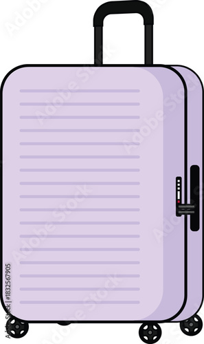 A clean and modern vector illustration of a lavender purple hard-shell suitcase with a telescopic handle and four spinner wheels.
