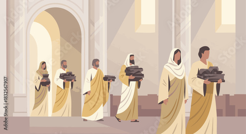  Hezekiah Cleanses the Temple
Priests carrying out unclean items, geometric draped shapes, minimal temple interior, soft gold and muted ivory palette. bible 