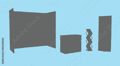 The image features a collection of five geometric objects rendered in gray, set against a light blue background that enhances their visibility and creates a calming atmosphere.