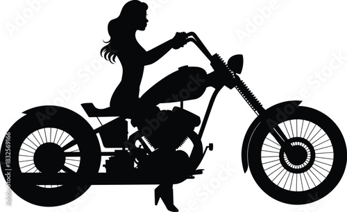 Silhouette of female rider sitting on custom motorcycle, classic chopper design, transportation concept, motorbike lifestyle illustration for travel, adventure and freedom themes