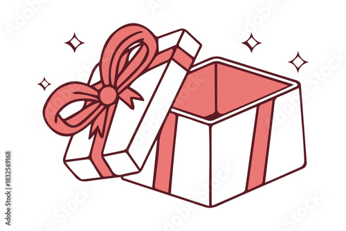 Open gift box with red ribbon and bow isolated on white background