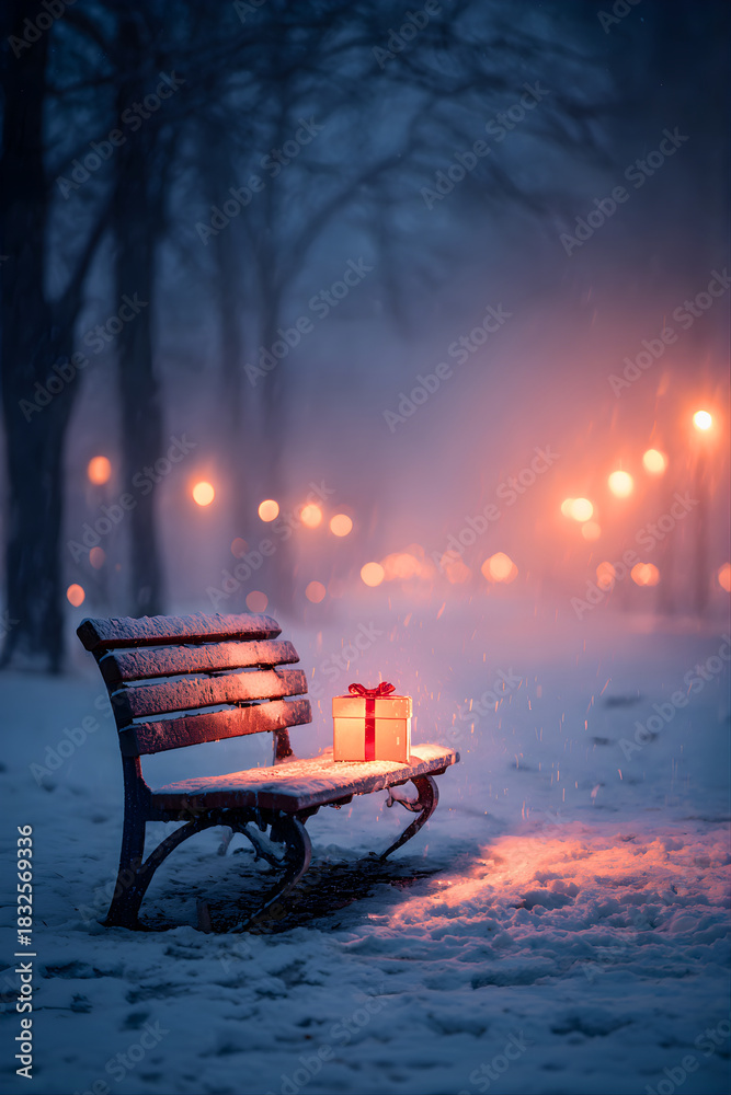 Fototapeta premium A solitary park bench covered in snow with a christmas gift waiting