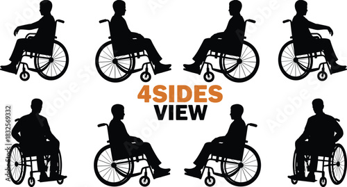 Silhouette set showing wheelchair user in four sides view, accessible mobility illustration, disability support concept for medical, rehabilitation, healthcare design resources