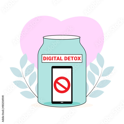 Digital Detox Concept with Mobile Phone in Jar Symbolizing Self-Care and Mental Health Vector