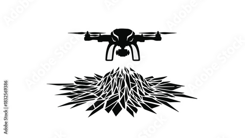 Modern drone hovering above abstract geometric landscape, symbolizing exploration and technology.