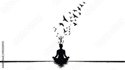 Silhouette of person meditating with birds flying from head, symbolizing freedom and inner peace